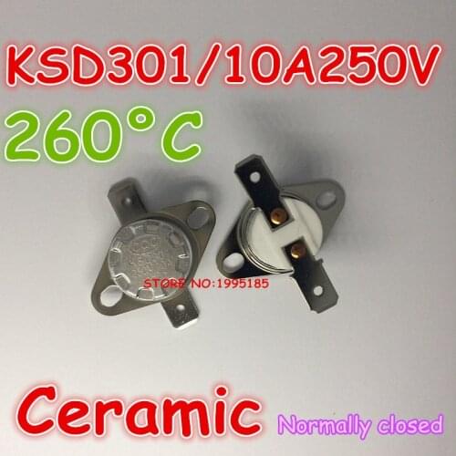 10pcs/lot KSD301 10A 250V 260 degrees 260 C Normal Close NC ceramic Temperature Controlled Switch Thermostat