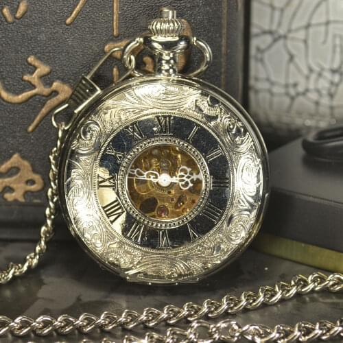TIEDAN Skeleton Automatic Mechanical Pocket Watch Steampunk Men Antique Luxury Brand Necklace Chain Silver Pocket Fob Watch