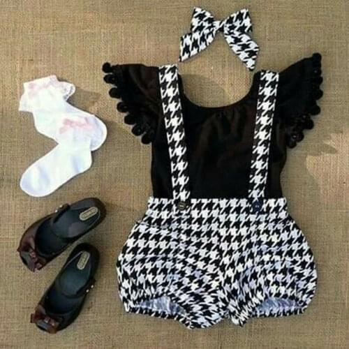 CANIS 2PCS Toddler Kid Baby Girl Clothes Ruffles Fly Sleeve T-shirt Tops+Plaid Bib Dresses Outfit Set