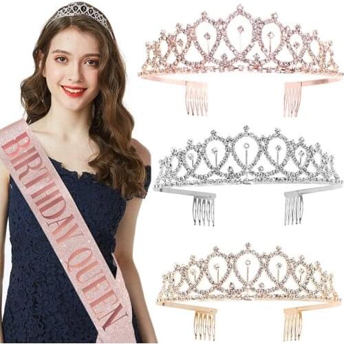 Birthday Party Decoration Bling Rhinestone Crystal Crown Tiara Happy 21 Birthday Rose Gold Satin Sash Anniversary Party Supplies
