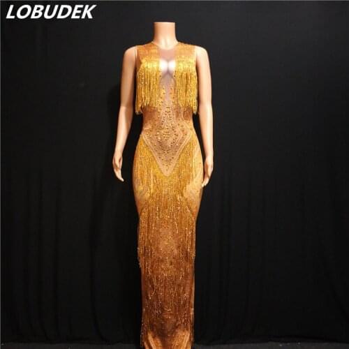 Gold Crystals Tassel Long Dress Sexy Elastic Skinny Sleeveless Rhinestones Dress Prom Birthday Celebration Dresses Stage Costume