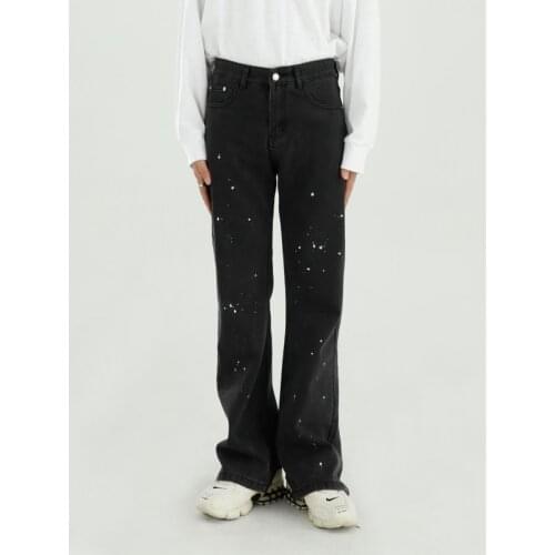 Straight Leg Jeans for Men Black Gray Vintage Wash Personality Splash-Ink Slightly Brushed Korean Trendy ManStreetwear Pants