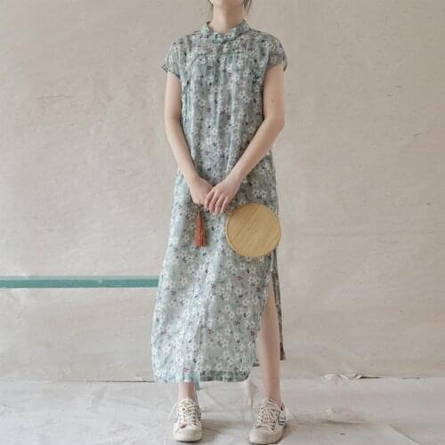 Johnature Women Ramie Dress Stand Sleeveless Vintage Print Floral Button Split Cheongsam 2021 Summer New Chinese Style Dresses