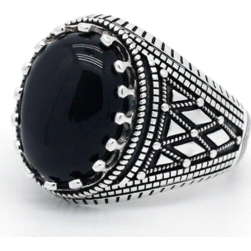 Turkish Black Onyx Ring for Men 925 Sterling Silver Vintage Gemstone with Stripe Rings Silver Fine Jewelry to Male Husband Gift