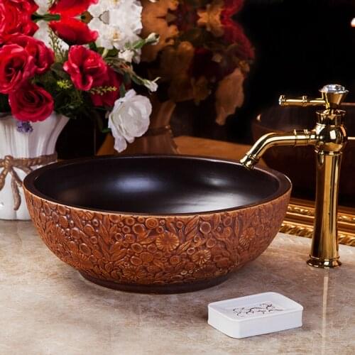 Brown Europe Vintage Style Ceramic Washing Basin Counter top Bathroom Sink color glazed round ceramic art basin