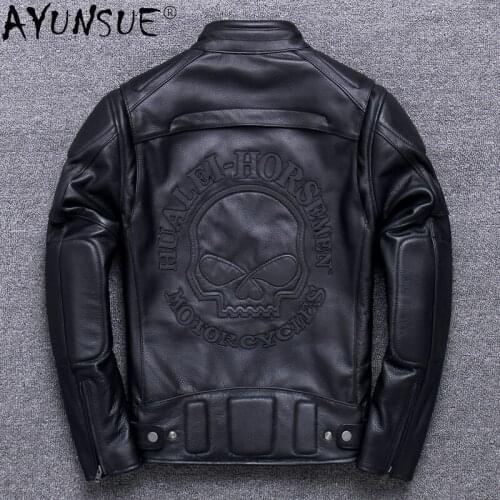 AYUNSUE New Autumn Mens Genuine Leather Jacket Embroidery Skull Cowhide Leather Coat Man Biker Jackets Jaqueta Masculina SQQ342