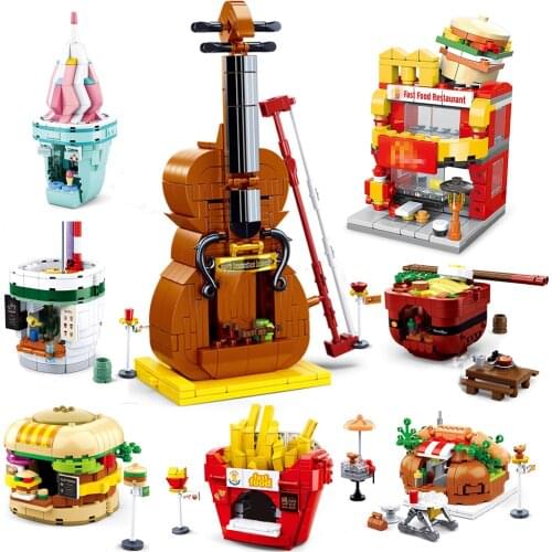 City street view shop market model building blocks set hamburger restaurant retail store creative mini architecture friends girl