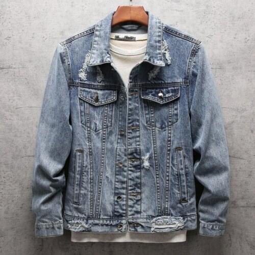 New Brand Slim Fit Embroidery Hole Ripped Cowboy Jackets Long Sleeve Turn Down Collar Plus Size M-4XL Men Casual Outerwear Coats