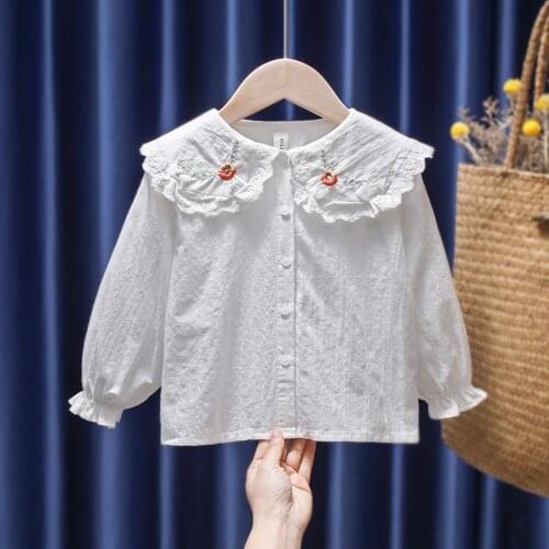 New Girls Shirts Baby Girl Cotton Blouse for Spring Children Clothing White Kids Shirts Flower Turn-down Collar Infant Shirt Top