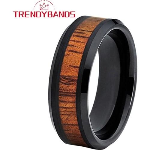8MM Black Koa Wood Inlay Tungsten Wedding Bands For Men Women Engagement Rings Beveled Edges Polished Shiny Comfort Fit