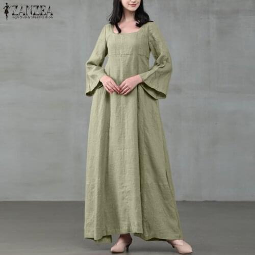 Autumn Vintage Sundress Women Square Collar Long Flare Sleeve Dress ZANZEA Casual Loose Party Dresses Robe Cotton Linen Vestidos
