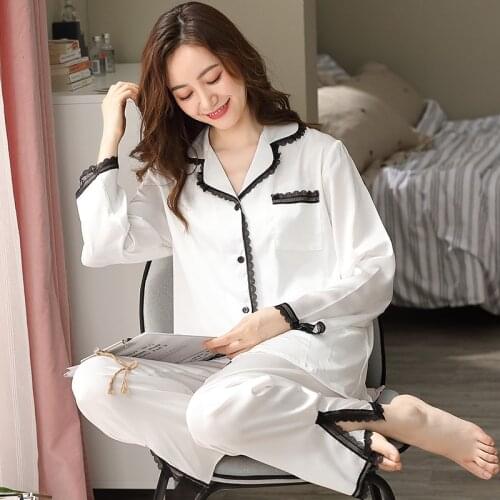 Spring Satin Silk Pajamas Women White Pyjamas Mujer PJ Full Sleeve Sleepwear Lace Nightwear Imitation Silk Pijama Femme Nuisette
