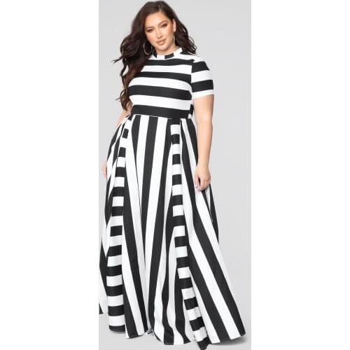 Plus-Size Maxi-Dress Short-Sleeves Floor Length Casual Mother Summer Stripes Party Tall Beauty Vestido