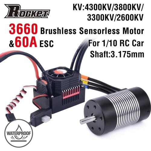 Rocket 3660 Waterproof Brushless Sensorless Motor 4300KV 3800KV 3300KV 2600KV w/60A ESC for 1/10 RC Car