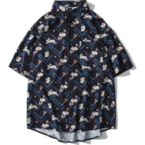 Mens short-sleeved shirt 2021 new summer loose casual button cardigan creative geometric cartoon pattern printing lapel top