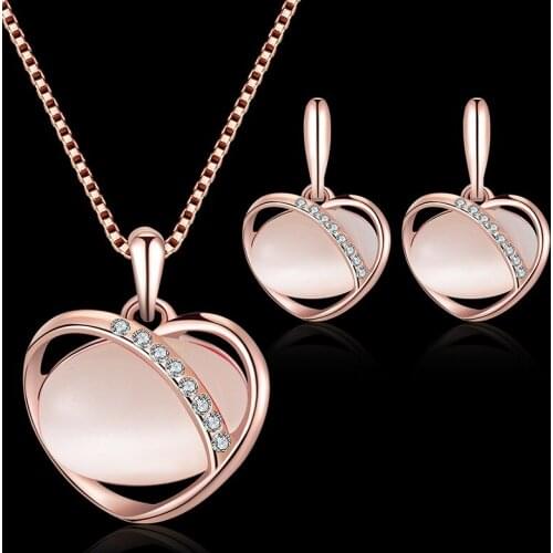 Luxury Female Moonstone Jewelry Set Charm Rose Gold Color Stud Earrings For Women Dainty White Zircon Wedding Chain Necklace