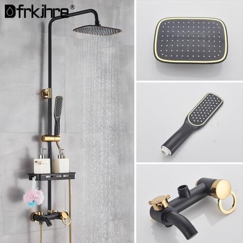 Black Golden Rainfall Shower Faucet ABS Plastic Shower Head and Hand Shower Luxury Bath Shower Wall Mount Tap With Storage Shelf