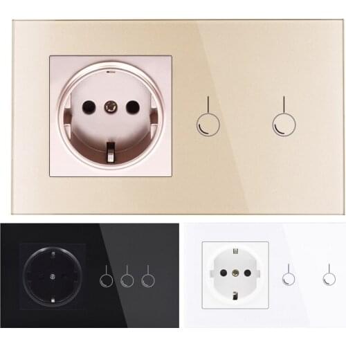EU Standard Wall Power Socket with Touch Switch German Type Wall Socket 1/2 Gang 1 Way Light Switch Tempered Crystal Glass Panel