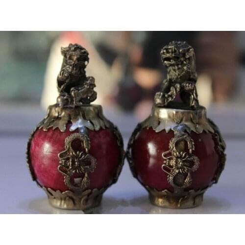 Tibet Silver Red Jade Dragon Phoenix Ball Foo Fu Dog Guardion Lion Pair Statue 2pcs Garden Decoration 100% real Brass BRASS