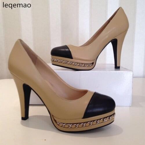 New Fashion Office Lady Pump Shoes Genuine Leather Women High Quality Heels Beige Black Colors Chain Wedding Dress Shoes