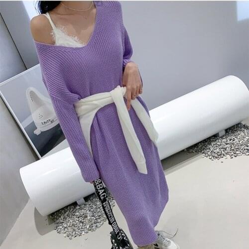 Green Purple Autumn Woman New Jumper Dresses V Neck Sweater Dress Women Warm Winter Knitted Solid Thick 2021 Korean Pollover
