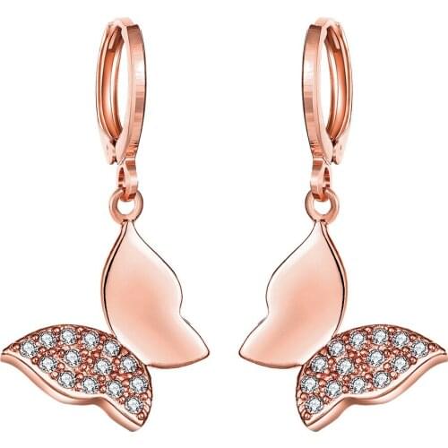 ZEMIOR Romantic Butterfly Drop Earrings For Women Full Cubic Zirconia Rose Gold Color Earring Engagement Female Fashion Jewelry