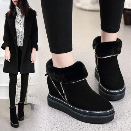 Winter The New Snow Boots Women Shoes Fashion Round Toe Height Lncreasing Flock Ankle Zip Solid Plush Non-slip Thicken Keep Warm