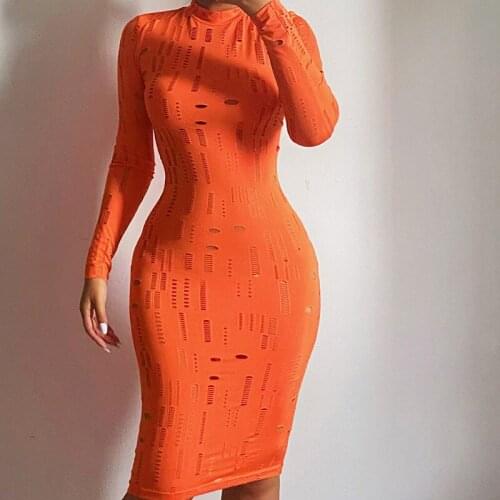 Orange Sexy Hollow Out Jacquard Dresses Women Long Sleeve Half High Collar Slimming Skinny Knee-length Dress Streetwear Hot Sale