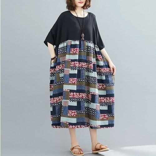 Oversized Women Loose Casual Dresses New Arrival 2021 Summer Vintage Style O-neck Patchwork Color Female Long Dress S2895