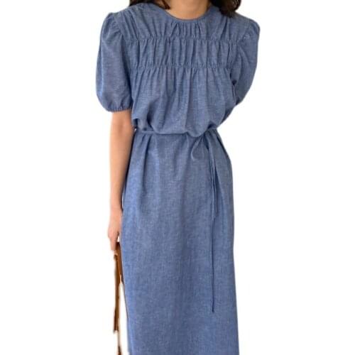 2021 Summer Dress Women Fashion Korean Chic High Waist Solid Casual Dress Puff Sleeve A Line Dresses Cotton Blue Vestido 15349