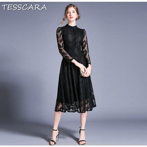 TESSCARA Women Autumn Elegant Lace Dress Shirt Festa Female High Quality Office Party Robe Femme Designer Long Casual Vestidos