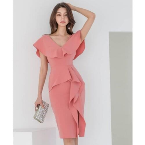 2021 New Korean Ruffle Dress for Women Summer Midi Short Sleeve Corset Bodycon Sundress Ladies Streetwear Pink Dress Woman