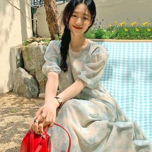 Korean Retro Elegant Round Neck Ink Dye Print Waist Closing Slim Puff Sleeve Dress Womens Long Dress Women Dresses Summer 2021