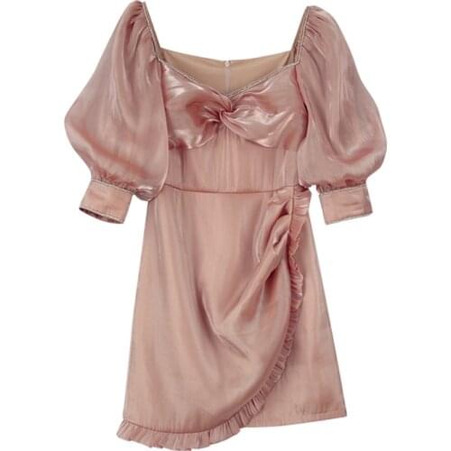 PERHAPS U Women Mesh Pink Beige Slash Neck Puff Sleeve Short Sleeve A Line Mini Dress Summer Beach Female D1942