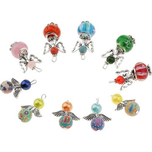 10 Round Beads Charms Dancing Angel Wings Pendants for Bracelet Necklace Jewelry Girl Gift DIY Craft Making pendulum accessories