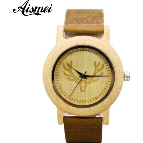 2018 Fashion Women Deer Head Bamboo Wood Casual Watches for Female laides Genuine Leather Strap Quartz Watch Gift drop shipping