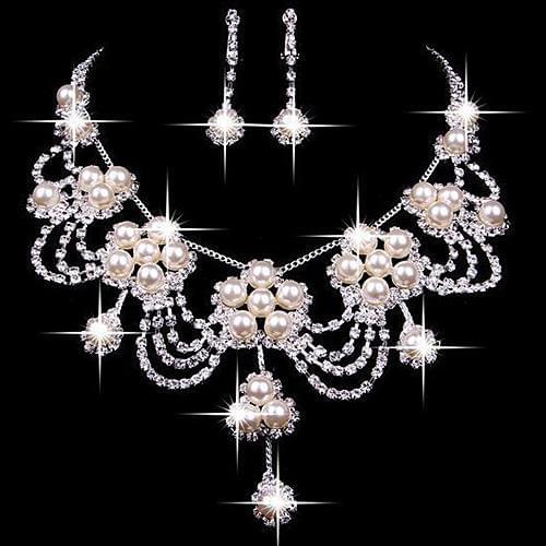 3 Pcs Womens Luxury Rhinestone Faux Pearl Necklace Earring Valentines Day Present Christmas Gift Wedding Bridal Jewelry Set