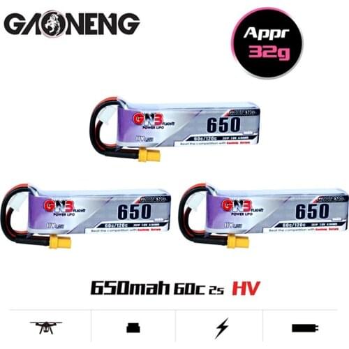 3PCS Gaoneng GNB 650mAh 60C/120C 2S HV Lipo battery With XT30 Plug For Emax Tinyhawk Kingkong LDARC TINY Whoop BetaFPV Drone