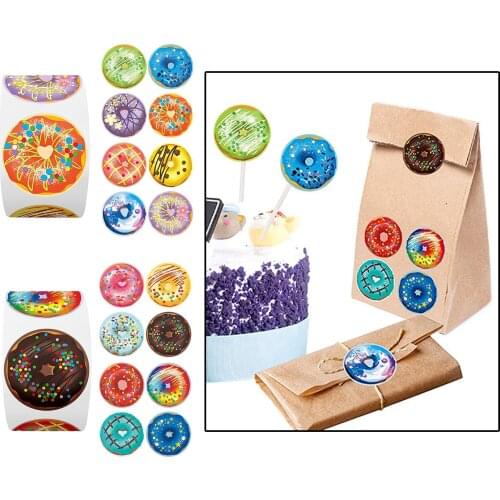 500x/Roll Doughnut Stickers Novelty Donut Labels Seal Decals Tags Present Scrapbooking Wrapping Packaging Party Favors Supplies
