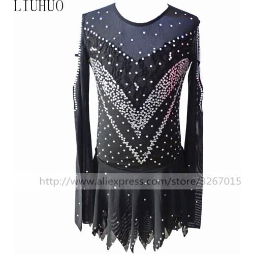Figure Skating Dress Womens Girls' Ice Skating Dress Black round neck long sleeve Sparkling rhinestones Hand made Rhinestone