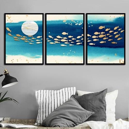 HD Canvas Art Animal Seacape Painting For Office Wall Decoration 3 Pieces Fishes in Blue Sea Under Moon Night