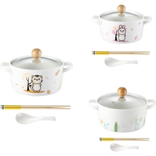 Ceramic Instant Noodle Bowl with Lid Instant Noodle Cup Bowl and Chopsticks Set Household Lunch Box