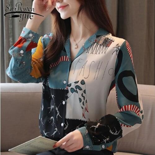 Korean Style Women Fashion Long Sleeve Chiffon Shirt Print Ladies Shirt Blusas Mujer De Moda 2019 Autumn Office Tops 6098 50