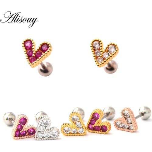 Alisouy 2pc Girls stud earrings Small Crystal love heart Tragus Cartilage Ear Studs Piercings Steel Lobe Tragus Stud earrings