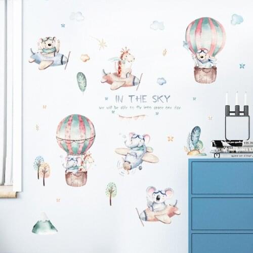 Fly In The Sky Cute Animals Wall Stickers Unicorn Mouse DIY for Kids Room Nursery Hot Air Balloon Vinyl Art Murals Home Decor