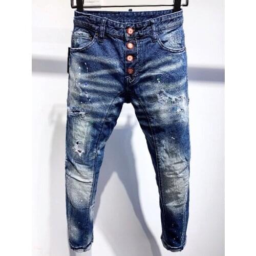 Dsquaren2 Mens Fashion Trend Patch Applique Washed Frayed Hole Painted Slim Fit Slim Jeans DSQ2 mens jeans A337