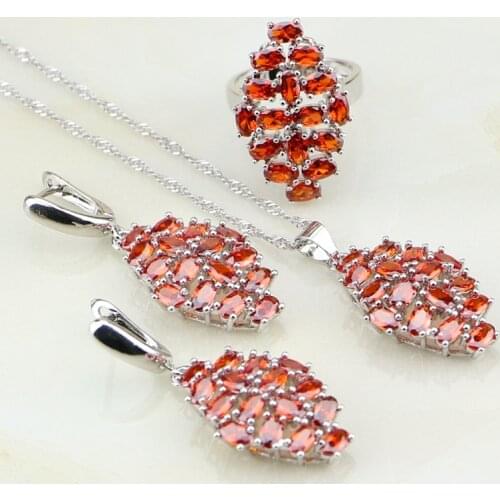 Red Garnet Cubic Zirconia White CZ 925 Sterling Silver Bridal Jewelry Sets Gift For Women Wedding Earring/Pendant/Necklace/Ring