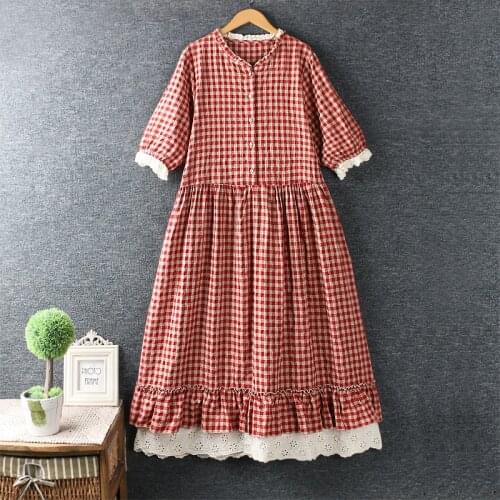 2020 New Summer Sweet Lace round Neck Cotton Linen Plaid Dress Short Sleeve Embroidered Lace Dress