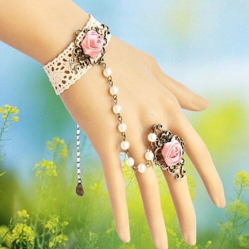 Newest Gothic Handmade Jewelry Fashion Retro White Lace Rose Flower Bracelet Simulated Pearl Chain