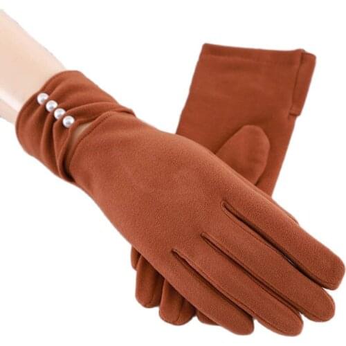 Autumn Winter Women Thin Section Keep Warm Touch Screen Single Layer Windproof Cycling Pearl Decoration Elasticity Gloves